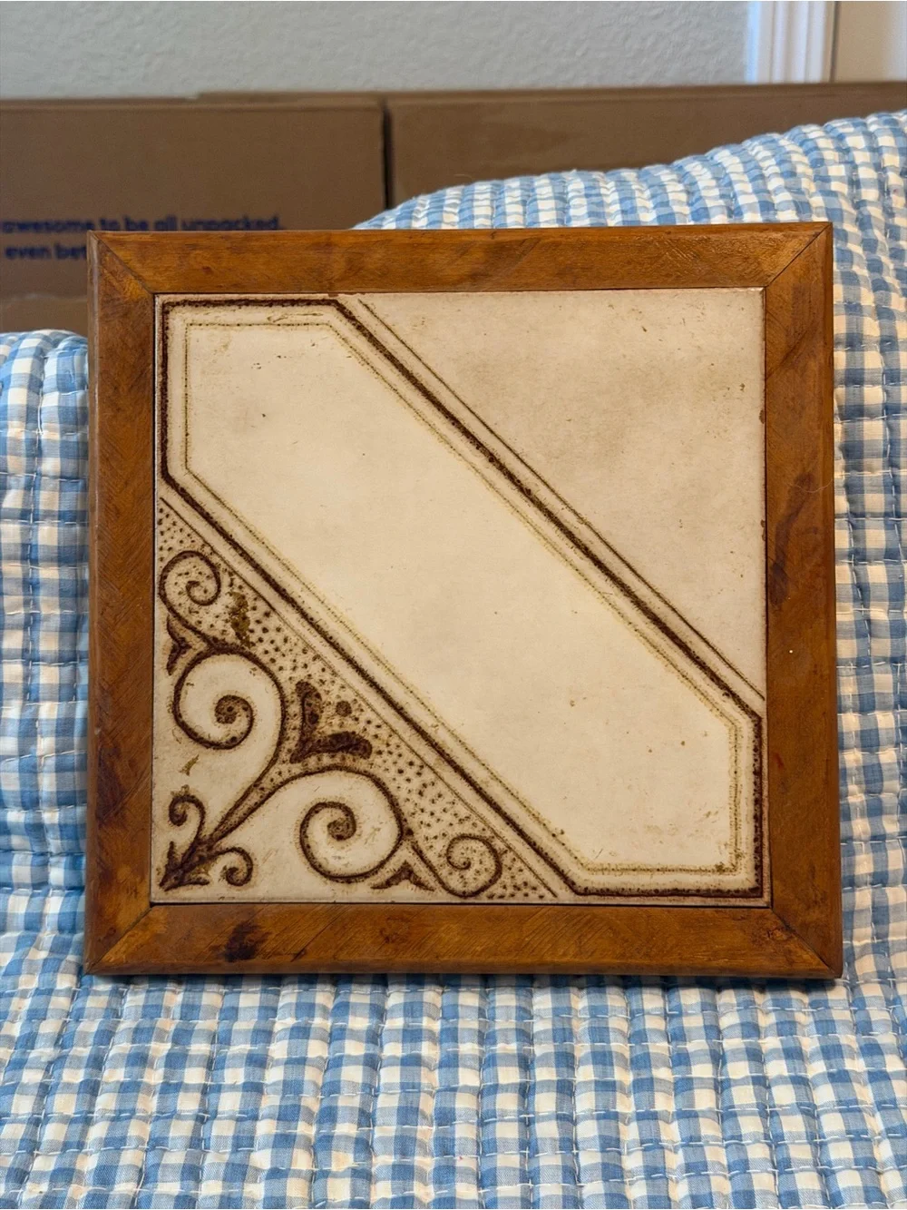 Ceramic Tile Trivet w/ Wood Frame Cork Back, Abstract 10 in